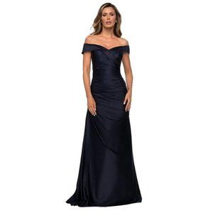 NWT La Femme 28103 Off the Shoulder Ruched Satin Trumpet Gown Navy Blue 8